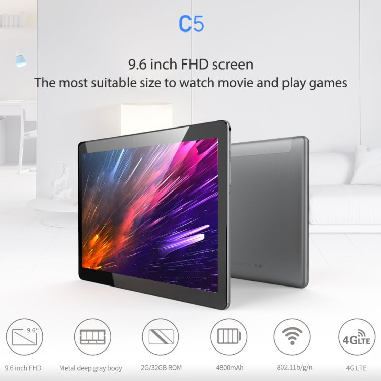 ALLDOCUBE C5 T901 4G Call Tablet, 9.6 inch, 2GB+32GB, 4800mAh Battery, Android 7.0 MTK6737 Quad Core Up to 1.3GHz, Support GPS & FM & Bluetooth & WiFi(Black+Grey)