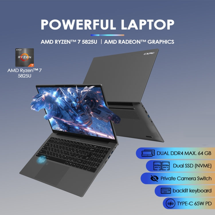 GXMO G156 15.6 inch Laptop, 32GB+1TB, Windows 11 AMD Ryzen 7 5825U Octa Core, Support Fingerprint Unlock, US Plug