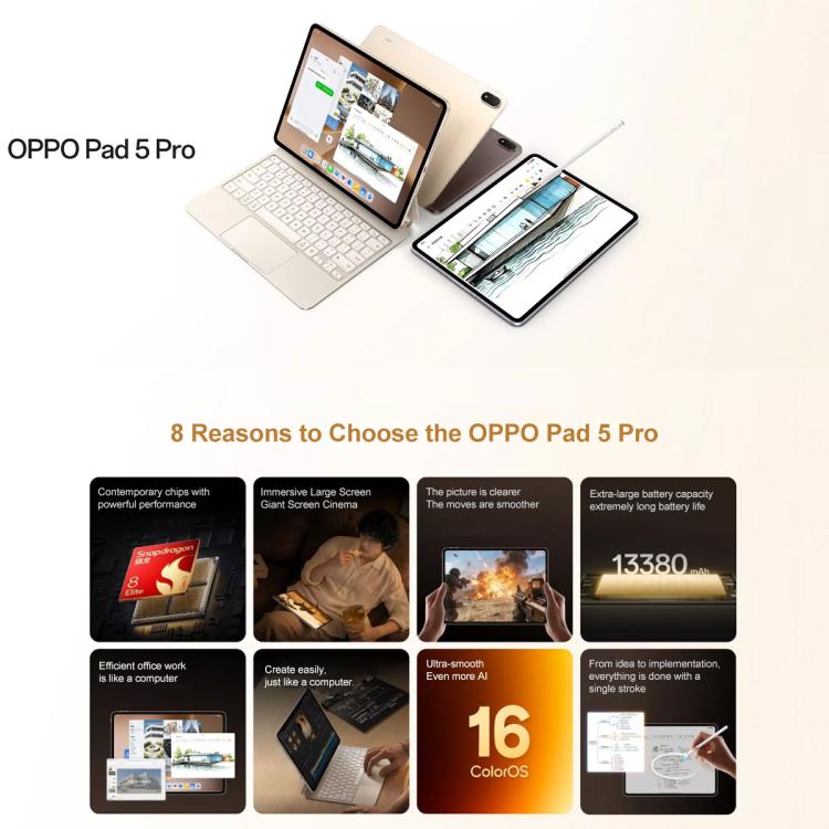 OPPO Pad 5 Pro 13.2 inch Tablet PC, 8GB+256GB, ColorOS 16.0 Snapdragon 8 Elite Gen5 Octa Core  - Gold