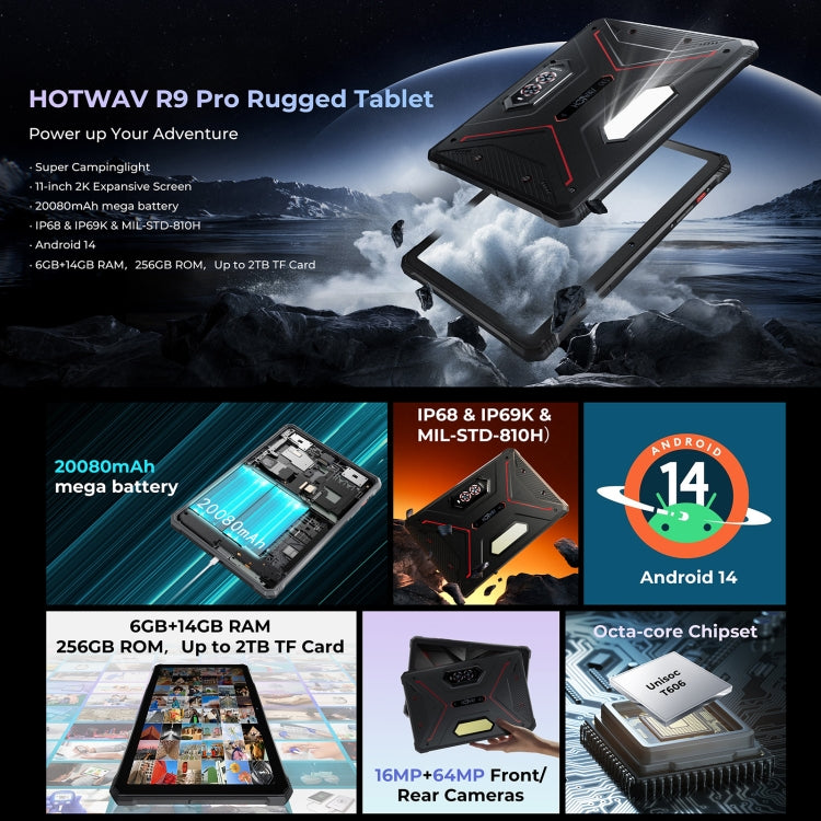 [HK Warehouse] HOTWAV Tab R9 Pro IP68/IP69K Rugged Tablet, 6GB+256GB, 11 inch Android 14 Unisoc T606 Octa Core 4G Network, Global Version with Google Play, EU Plug  - Black Red