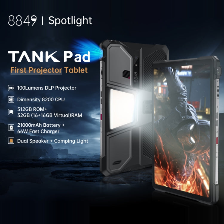 [HK Warehouse] Unihertz 8849 Tank Pad Rugged Tablet PC & Projector, 16GB+512GB, 10.95 inch Android 14 Dimensity 8200 Octa Core 5G Network, EU Plug  - Black
