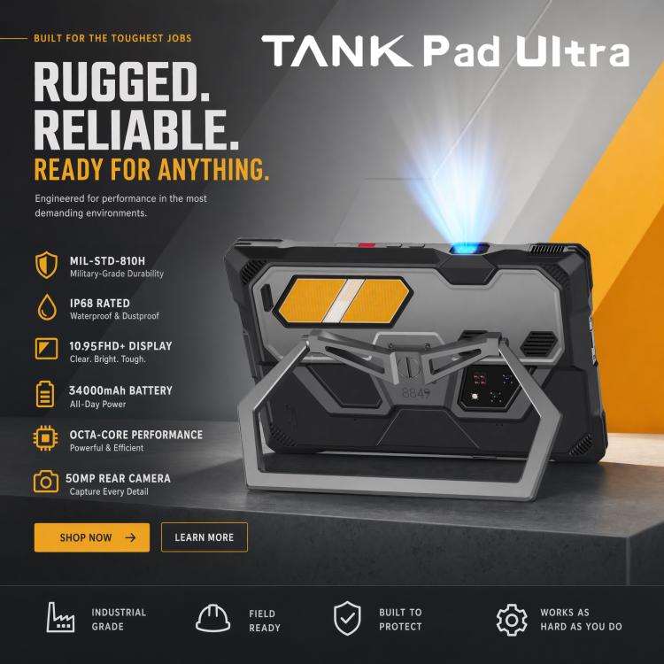 [HK Warehouse] Unihertz 8849 Tank Pad Ultra Rugged Tablet PC & Projector, 16GB+512GB, 10.95 inch Android 15 Dimensity 8200 Octa Core 5G Network, EU Plug  - Black