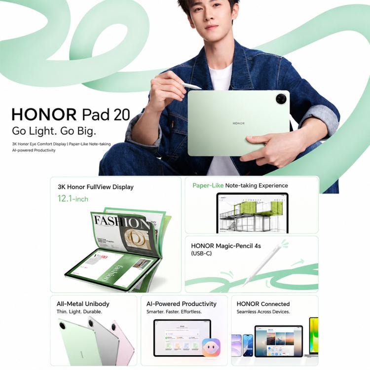 Honor Pad 20 Soft Light Edition WiFi Tablet PC, 12.1 inch 8GB+256GB MagicOS 10 Qualcomm Snapdragon 7 Gen3 Octa Core, US Plug  - Grey