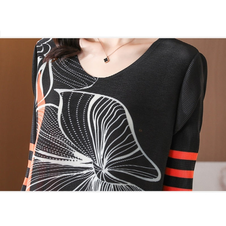 Floral Print Round Neck Three-quarter Sleeve Loose Straight Dress for Ladies (Black)