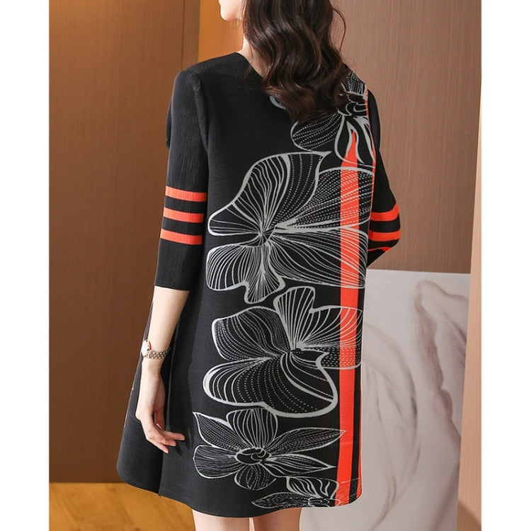 Floral Print Round Neck Three-quarter Sleeve Loose Straight Dress for Ladies (Black)