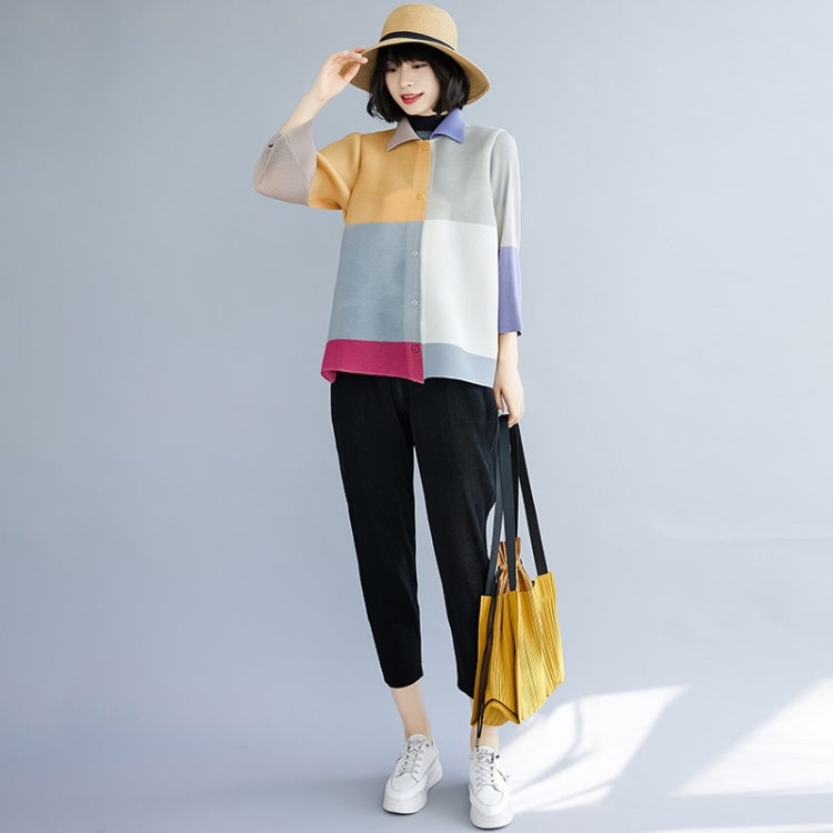 Spring And Autumn Color Matching Lapel Cardigan Jacket Three-quarter Sleeves Short Jacket For Ladies