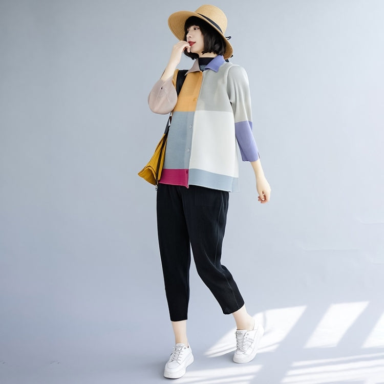 Spring And Autumn Color Matching Lapel Cardigan Jacket Three-quarter Sleeves Short Jacket For Ladies