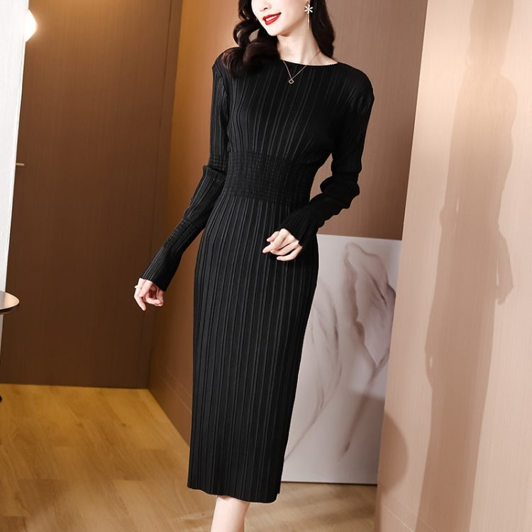 Autumn Solid Color Collect Waist Slim Stretch Knit Pleated Long Dress For Ladies (Black)