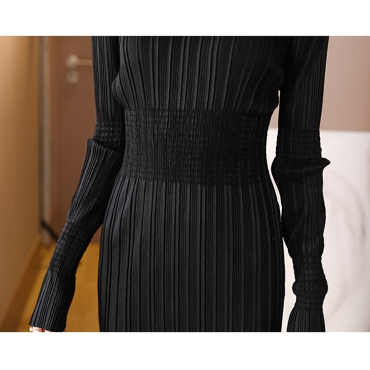 Autumn Solid Color Collect Waist Slim Stretch Knit Pleated Long Dress For Ladies (Black)