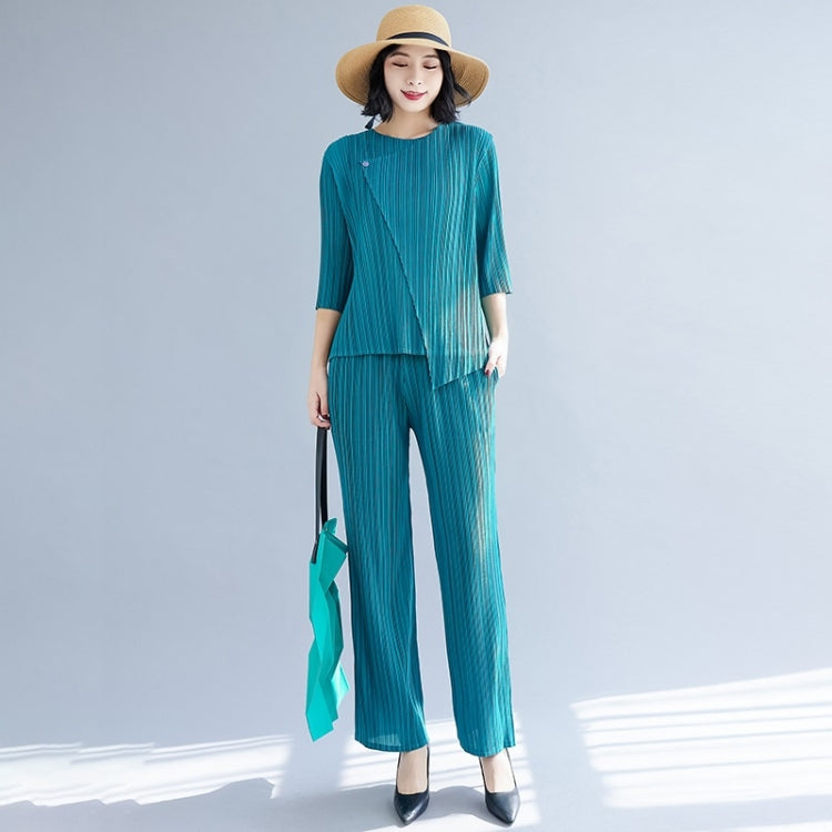 Spring And Autumn Solid Color Pleated Three-quarter Sleeve Round Neck T-shirt + Straight Pants Suit For Ladies