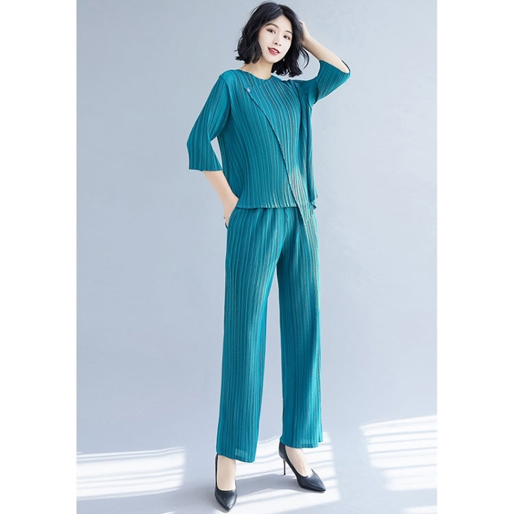 Spring And Autumn Solid Color Pleated Three-quarter Sleeve Round Neck T-shirt + Straight Pants Suit For Ladies