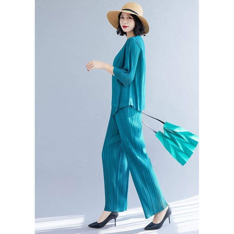 Spring And Autumn Solid Color Pleated Three-quarter Sleeve Round Neck T-shirt + Straight Pants Suit For Ladies