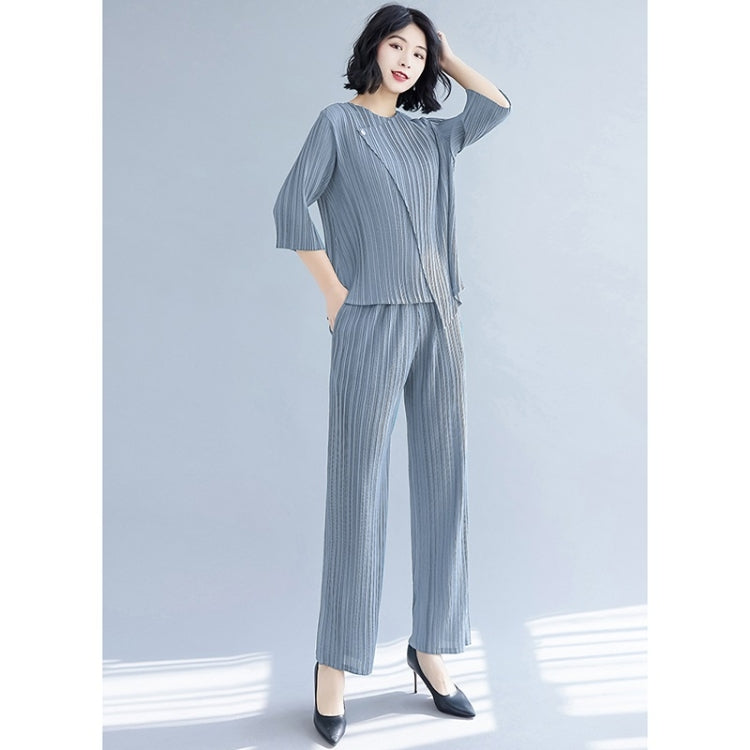 Spring And Autumn Solid Color Pleated Three-quarter Sleeve Round Neck T-shirt + Straight Pants Suit For Ladies