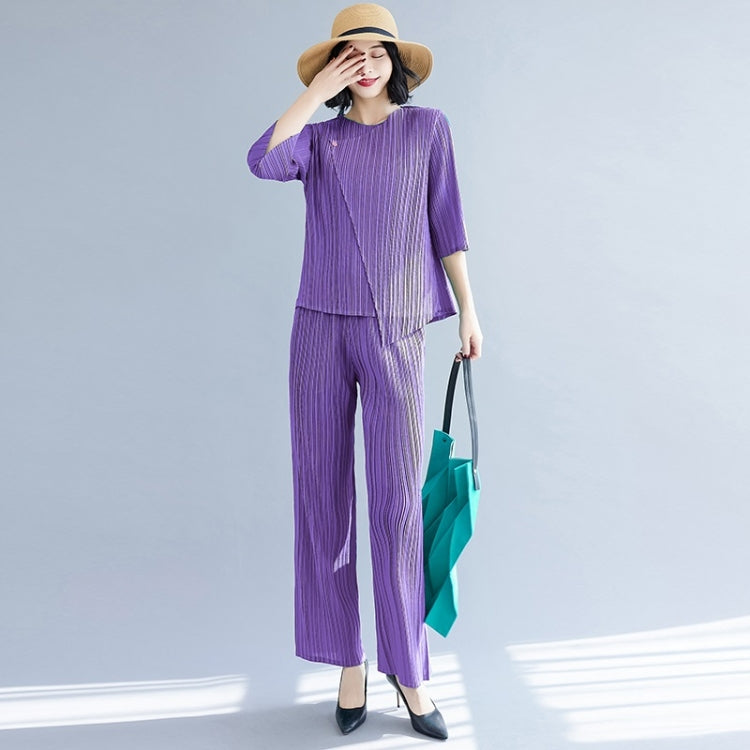 Spring And Autumn Solid Color Pleated Three-quarter Sleeve Round Neck T-shirt + Straight Pants Suit For Ladies