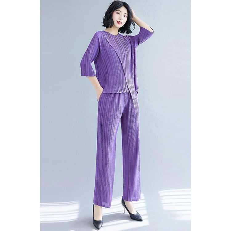 Spring And Autumn Solid Color Pleated Three-quarter Sleeve Round Neck T-shirt + Straight Pants Suit For Ladies