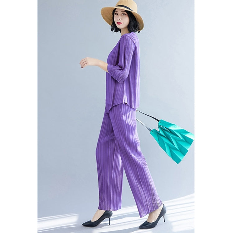 Spring And Autumn Solid Color Pleated Three-quarter Sleeve Round Neck T-shirt + Straight Pants Suit For Ladies