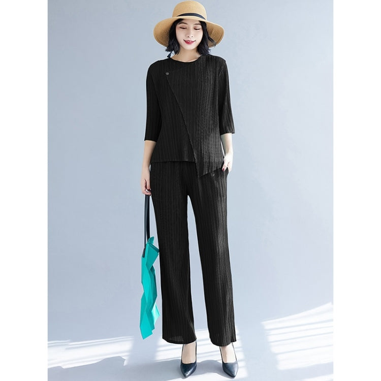 Spring And Autumn Solid Color Pleated Three-quarter Sleeve Round Neck T-shirt + Straight Pants Suit For Ladies