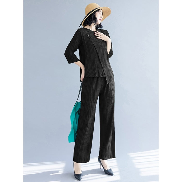 Spring And Autumn Solid Color Pleated Three-quarter Sleeve Round Neck T-shirt + Straight Pants Suit For Ladies