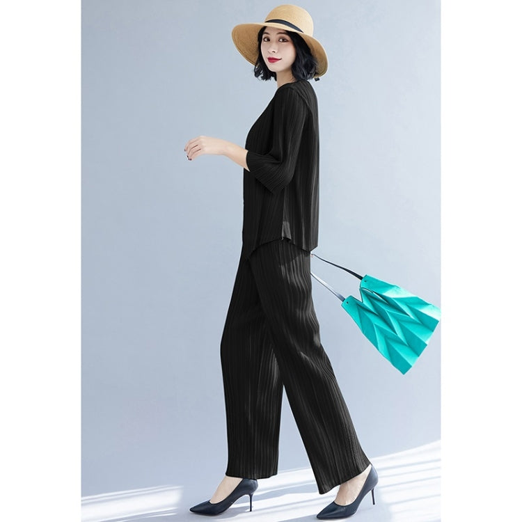 Spring And Autumn Solid Color Pleated Three-quarter Sleeve Round Neck T-shirt + Straight Pants Suit For Ladies