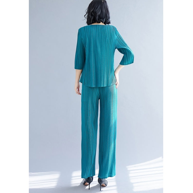 Spring And Autumn Solid Color Pleated Three-quarter Sleeve Round Neck T-shirt + Straight Pants Suit For Ladies