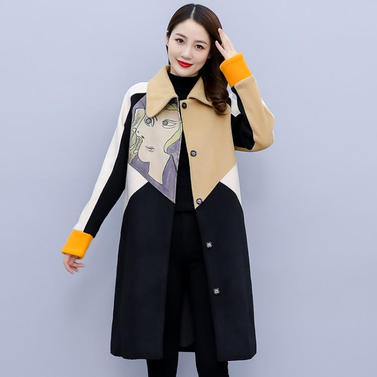 Autumn And Winter Beauty Figure Printing Color-blocking Double-sided Cashmere Coat Mid-length Woolen Coat for Ladies