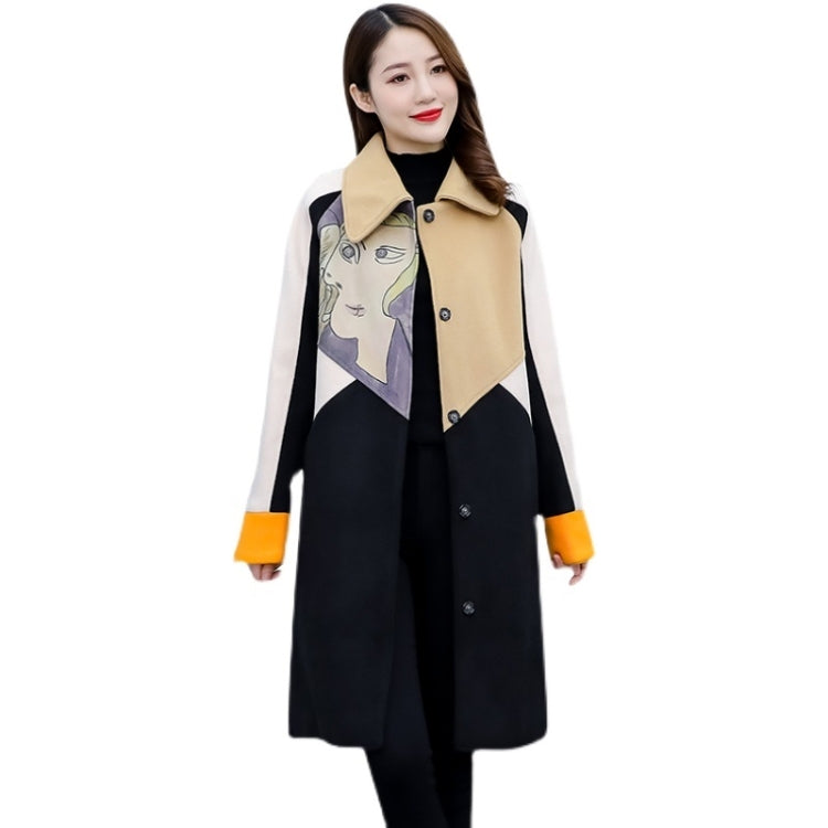 Autumn And Winter Beauty Figure Printing Color-blocking Double-sided Cashmere Coat Mid-length Woolen Coat for Ladies