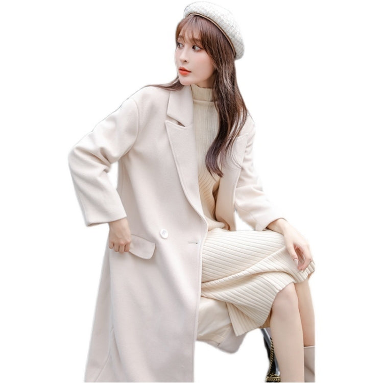 Autumn And Winter Solid Color Mid-length Loose Woolen Coat For Ladies (Khaki)