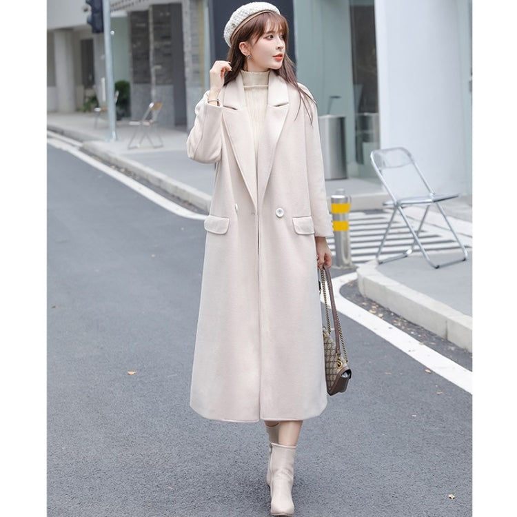 Autumn And Winter Solid Color Mid-length Loose Woolen Coat For Ladies (Khaki)