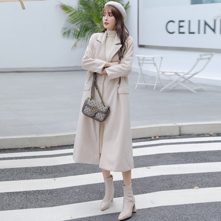 Autumn And Winter Solid Color Mid-length Loose Woolen Coat For Ladies (Khaki)