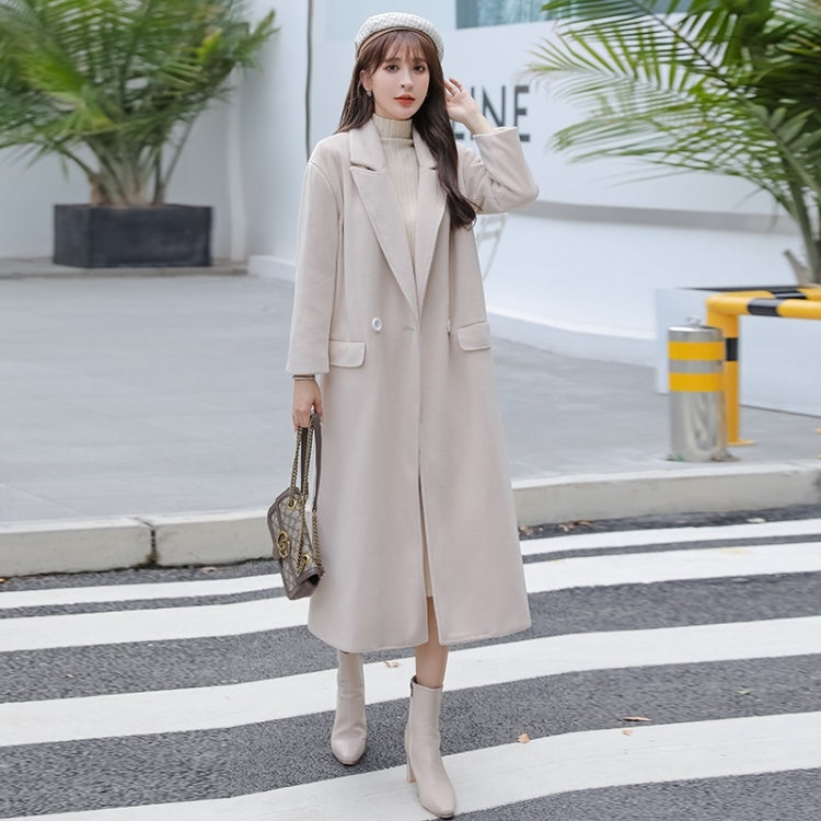 Autumn And Winter Solid Color Mid-length Loose Woolen Coat For Ladies (Khaki)