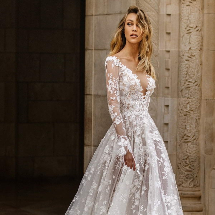 Women Sexy Lace Long Sleeve Evening Dress