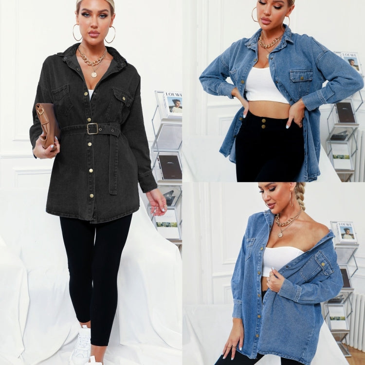 Women Retro Ins Wind Belt Shirt Denim Jacket