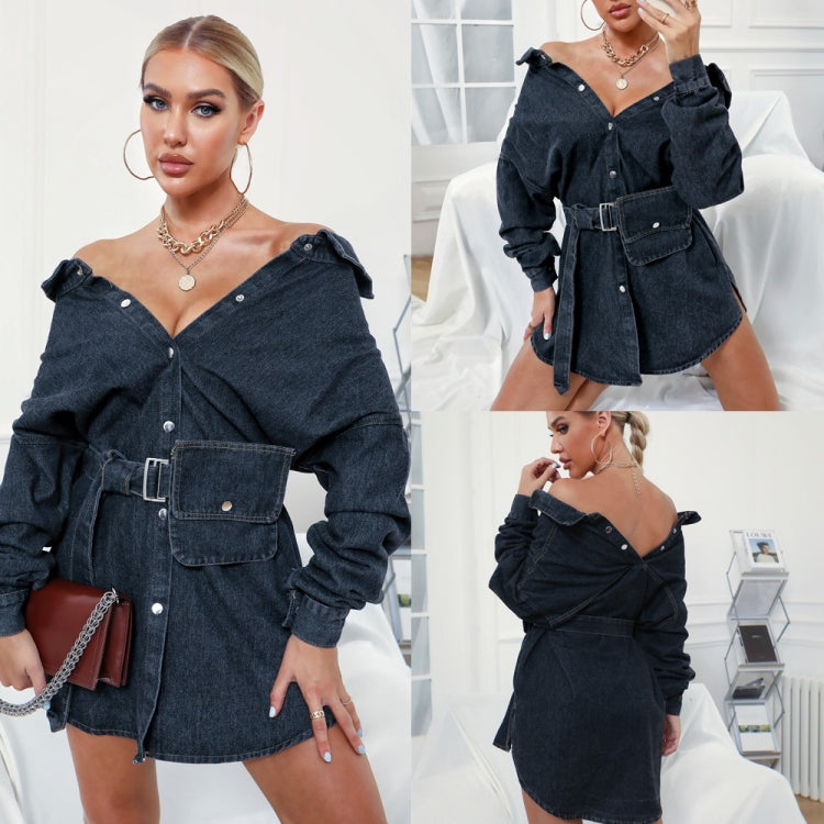 Women Neckline Retro Bag Denim Skirt