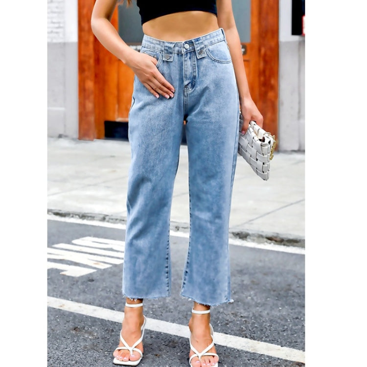 Women Buttoned Waist Fringed Jeans