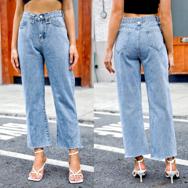 Women Buttoned Waist Fringed Jeans