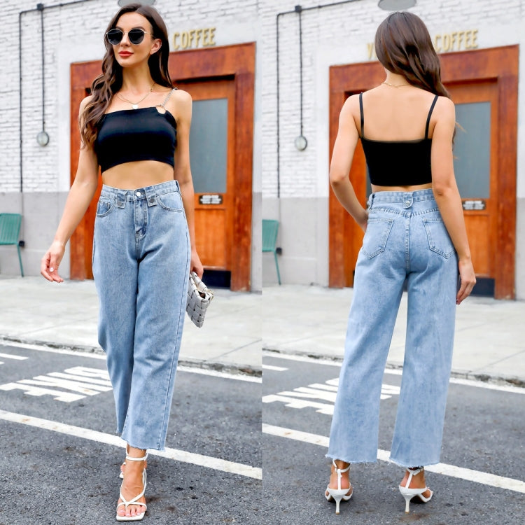 Women Buttoned Waist Fringed Jeans