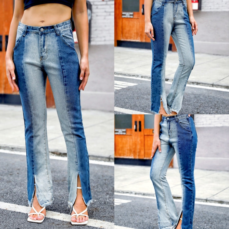 Women Gradient Stitching Split Fringed Jeans