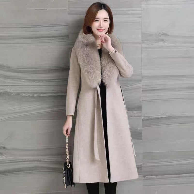 Winter Solid Color Large Fur Collar Plus Cotton Thicken Slim Mid-length Woolen Coat For Ladies (Color:Khaki Size:XL)