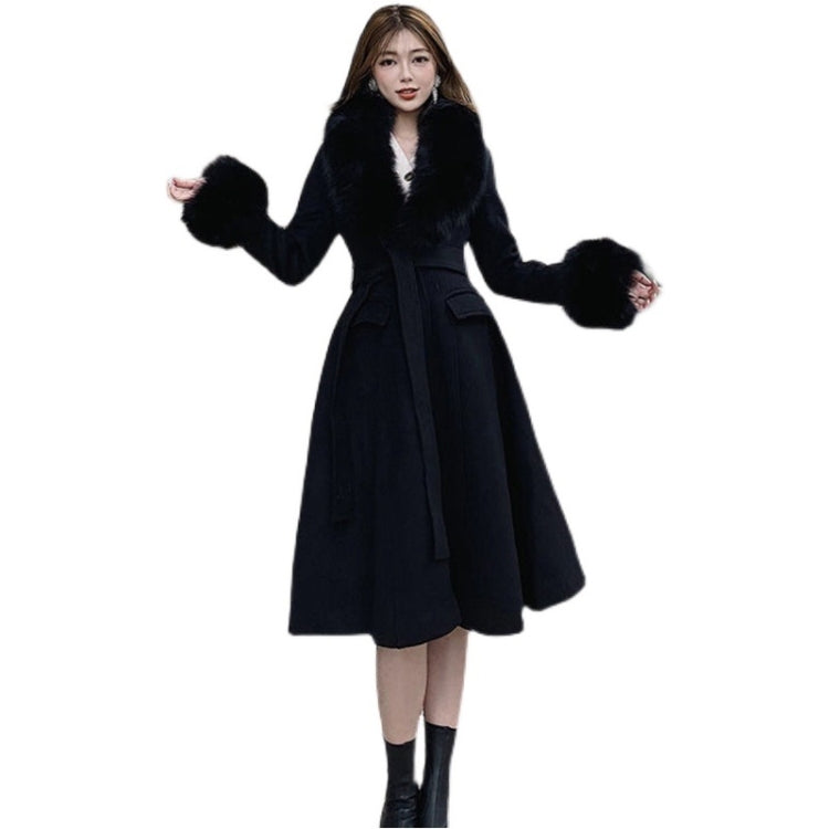 Winter British Style Large Fur Collar Slim Mid-length Woolen Coat for Ladies