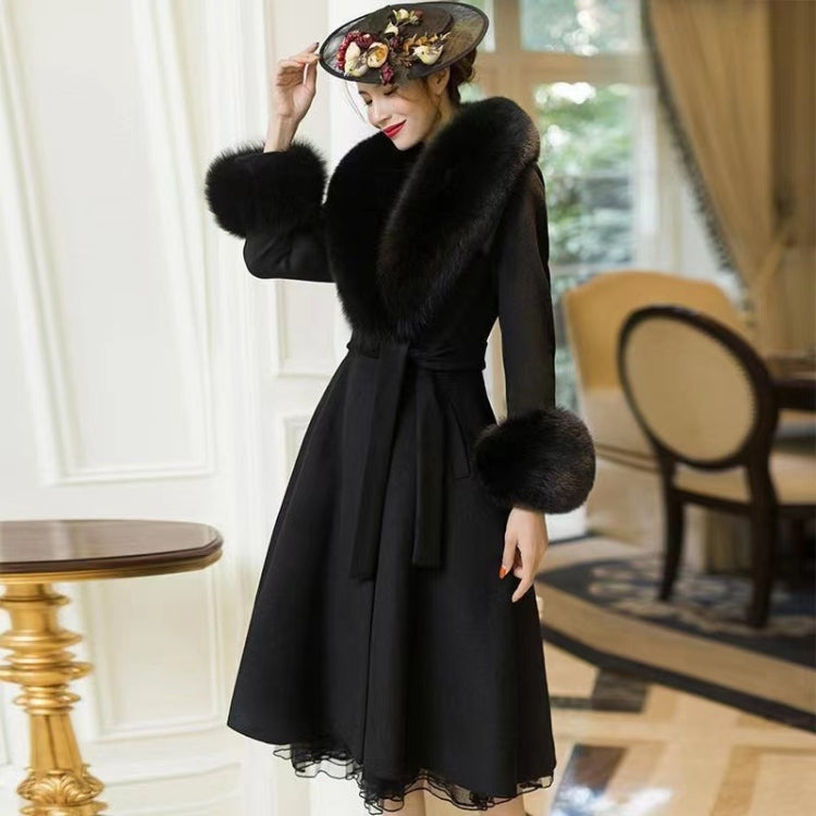 Winter British Style Large Fur Collar Slim Mid-length Woolen Coat for Ladies