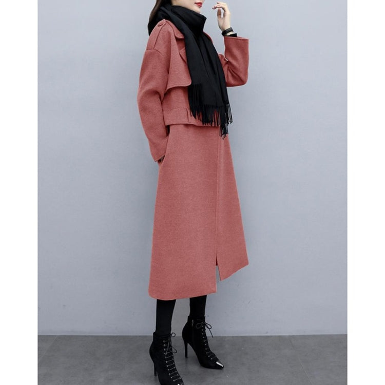Winter Dual-wear Solid Color Lapel Splittable Mid-length Woolen Coat for Ladies