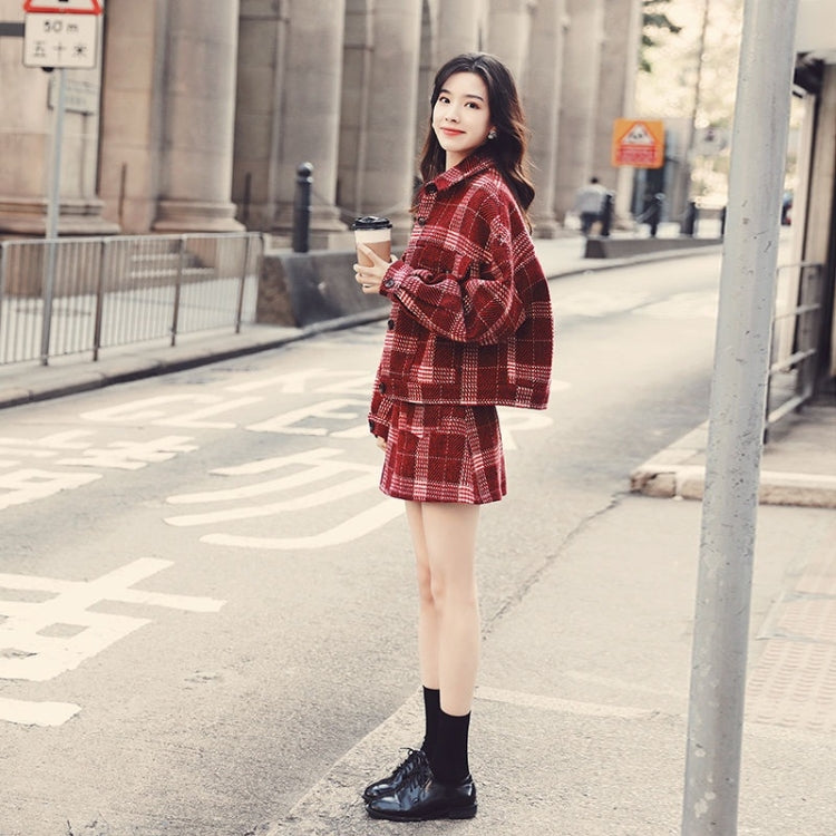 Winter Plaid Woolen Jacket + Short Skirt Set for Ladies