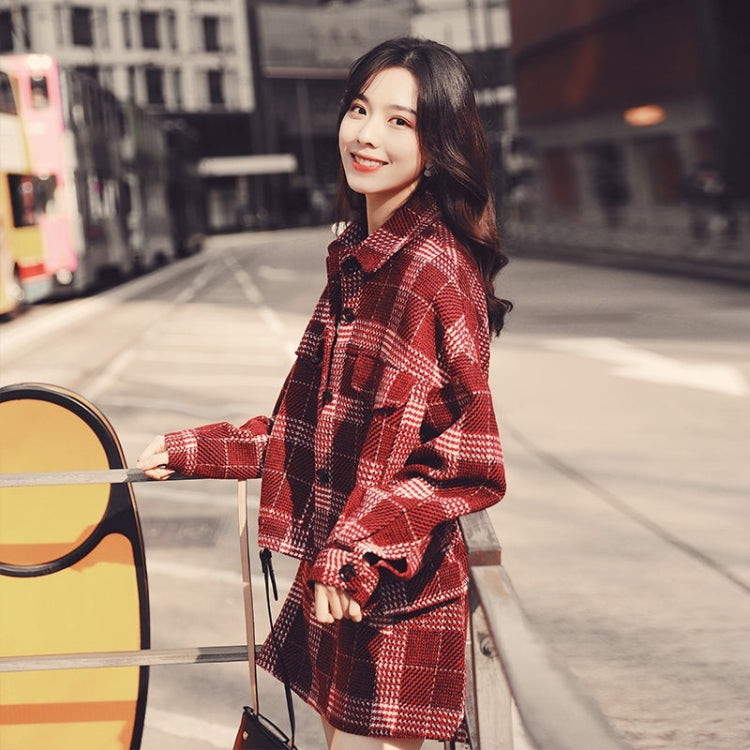 Winter Plaid Woolen Jacket + Short Skirt Set for Ladies