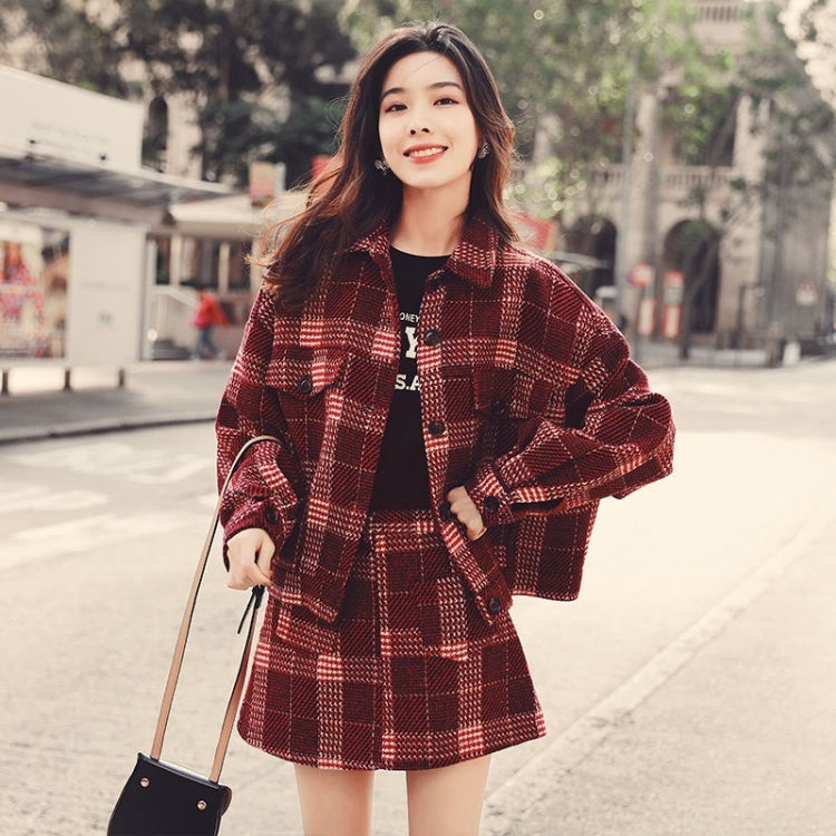 Winter Plaid Woolen Jacket + Short Skirt Set for Ladies