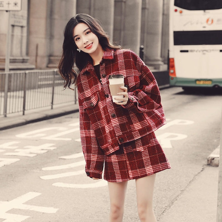 Winter Plaid Woolen Jacket + Short Skirt Set for Ladies