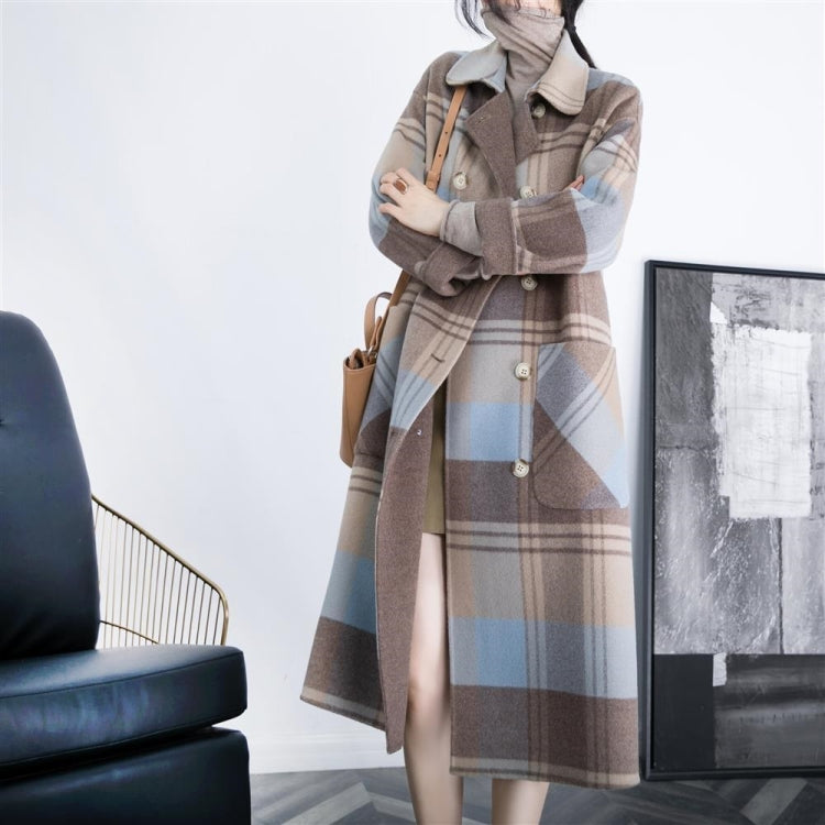 Winter Double-breasted Large Pockets Loose Mid-length Plaid Woolen Coat for Ladies