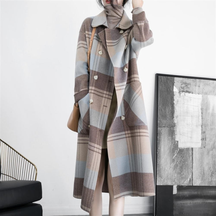 Winter Double-breasted Large Pockets Loose Mid-length Plaid Woolen Coat for Ladies