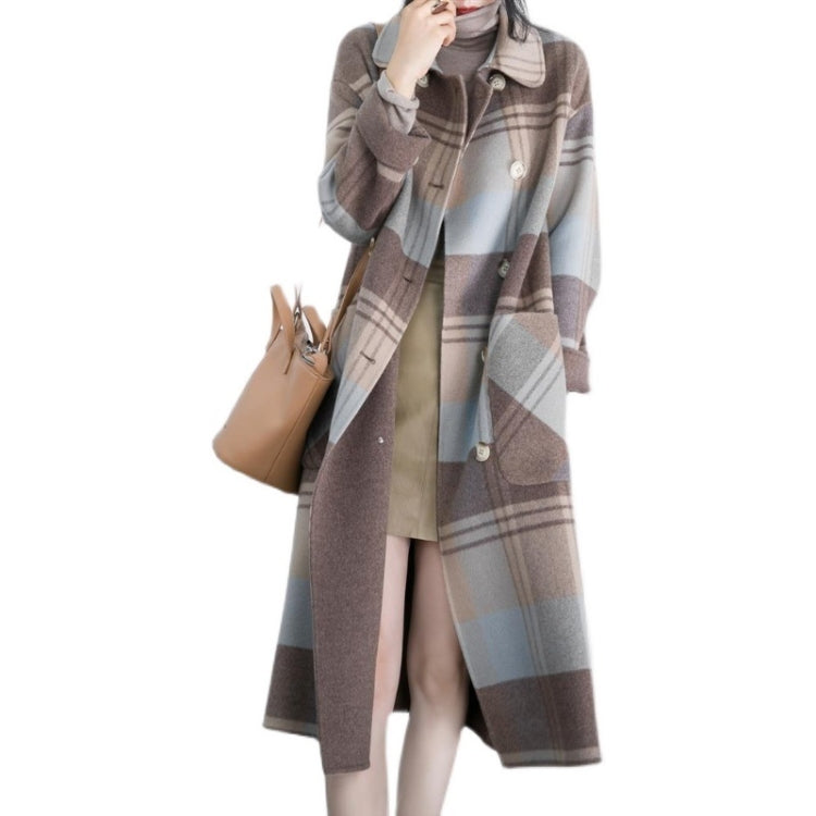 Winter Double-breasted Large Pockets Loose Mid-length Plaid Woolen Coat for Ladies