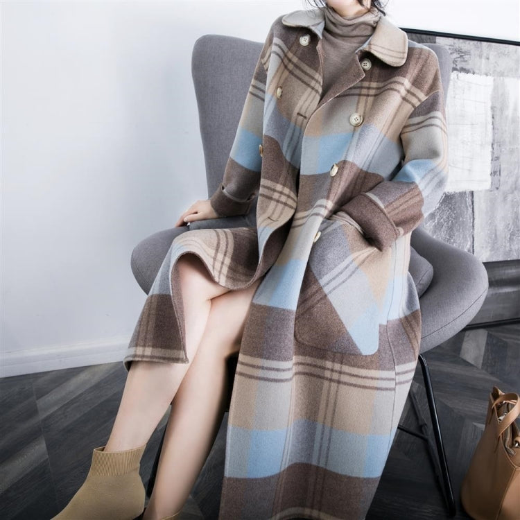 Winter Double-breasted Large Pockets Loose Mid-length Plaid Woolen Coat for Ladies