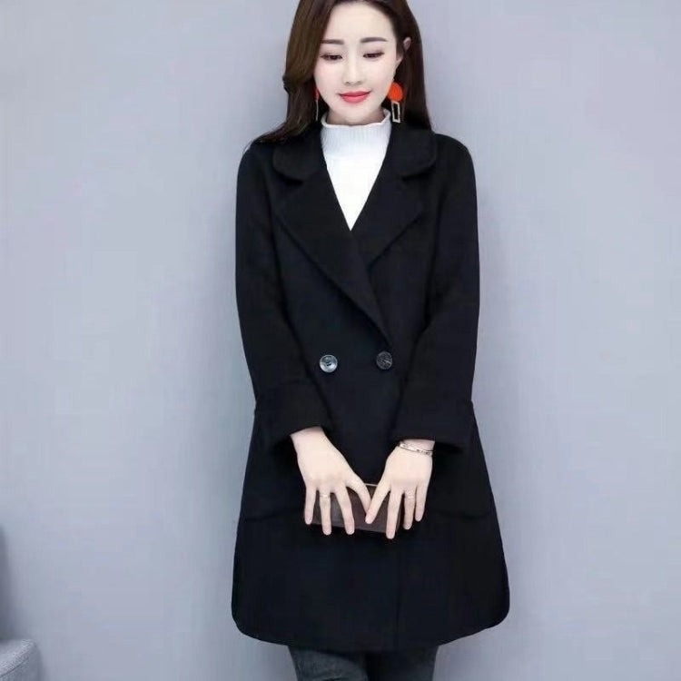 Solid Color Suit Collar Large Pocket Mid-length Woolen Coat for Women